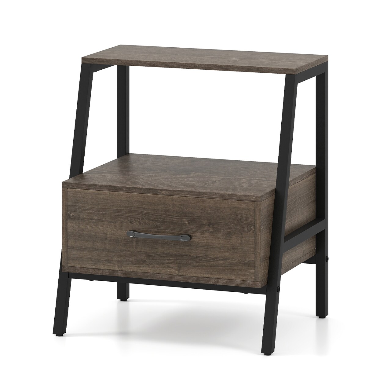 Gray-Black Farmhouse Nightstand with 3 Open Shelves End Table